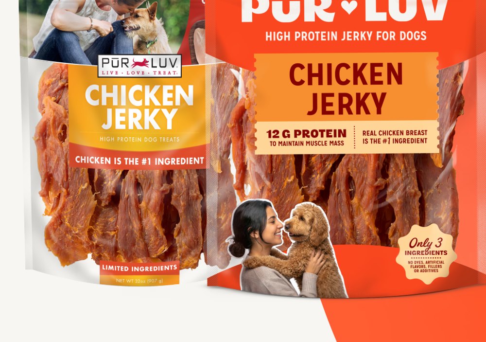 Old and new Chicken Jerky packaging side by side